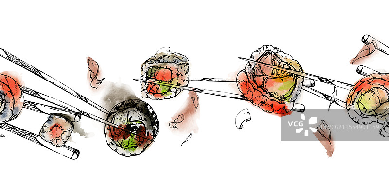 生鱼片寿司卷夹在筷子上图片素材