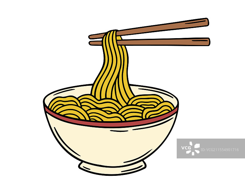 手绘的碗装面条和筷子涂鸦图片素材