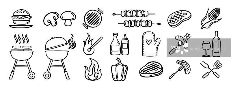 烧烤派对涂鸦手绘图标集图片素材