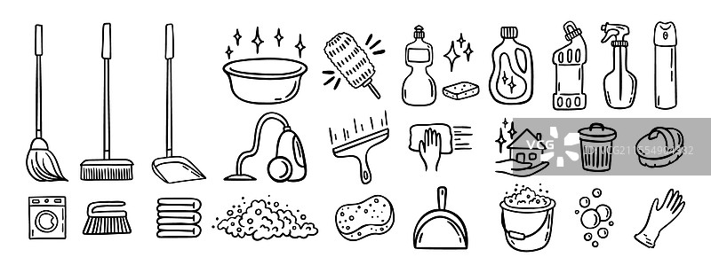 清洁工具套件手绘图标集图片素材