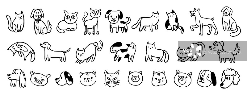 可爱的狗狗和猫咪涂鸦手绘图标集图片素材