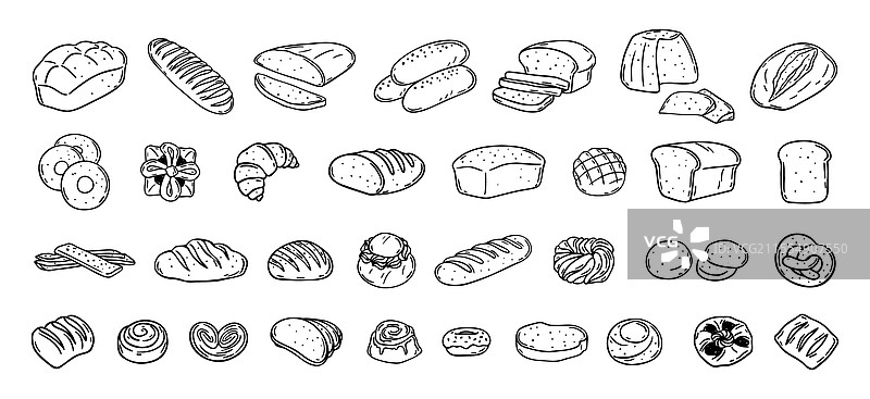 手绘面包不同类型的涂鸦轮廓图片素材