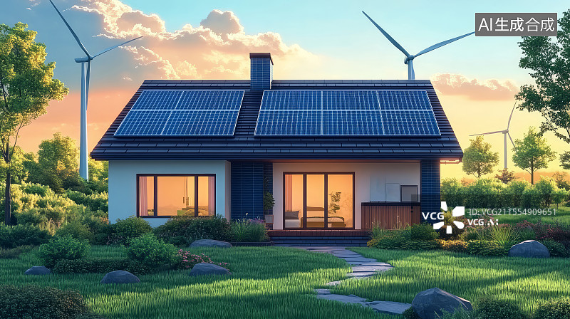 【AI数字艺术】带有光伏太阳能板屋顶的绿色住宅，绿色清洁能源概念图片素材