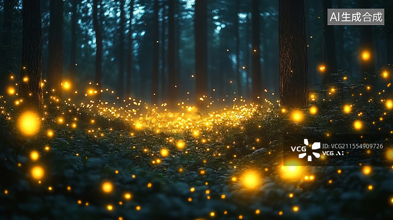 【AI数字艺术】夏日夜间森林里发光的萤火虫图片素材