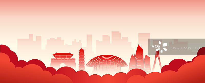 扁平化城市建筑剪影风格插画海报图片素材