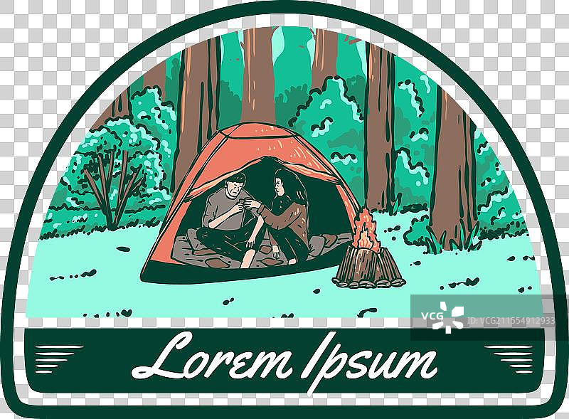 与伴侣在自然中露营的复古户外场景图片素材