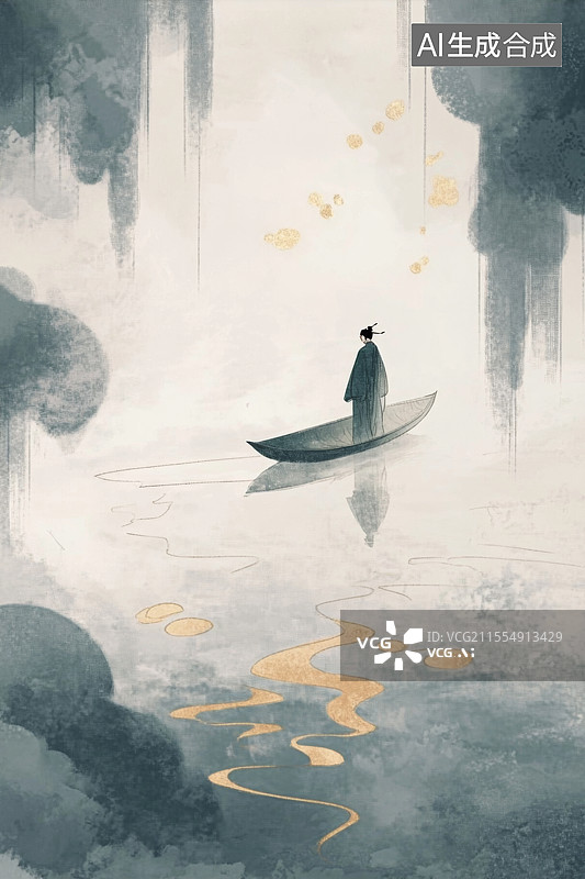 【AI数字艺术】湖中雅士的新中式极简水墨画卷插画图片素材