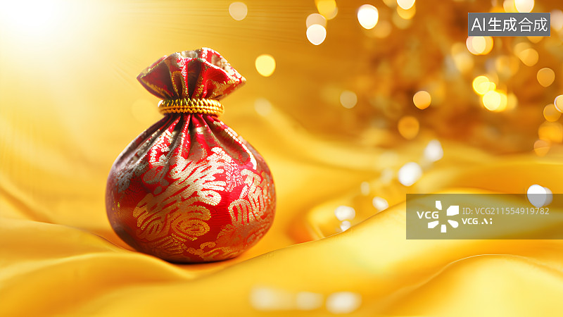 【AI数字艺术】3D渲染，中国风福袋，喜糖，婚礼背景图，壁纸，福袋和丝绸图片素材