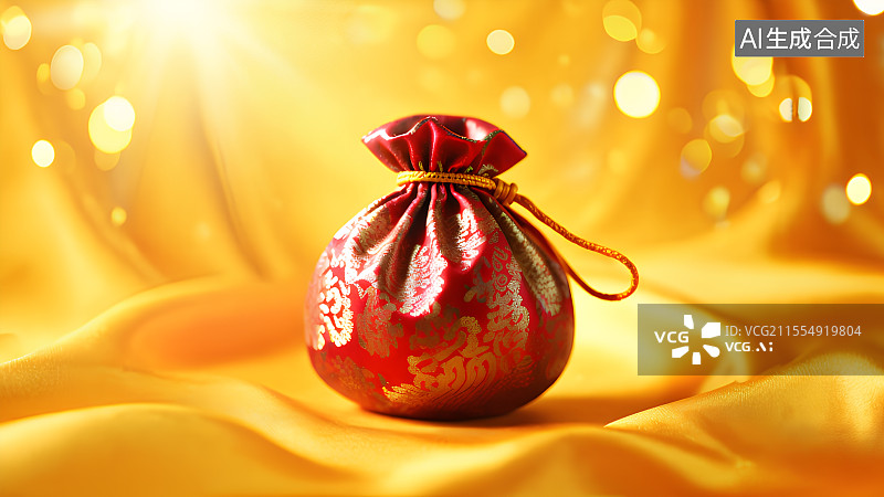 【AI数字艺术】3D渲染，中国风福袋，喜糖，婚礼背景图，壁纸，福袋和丝绸图片素材