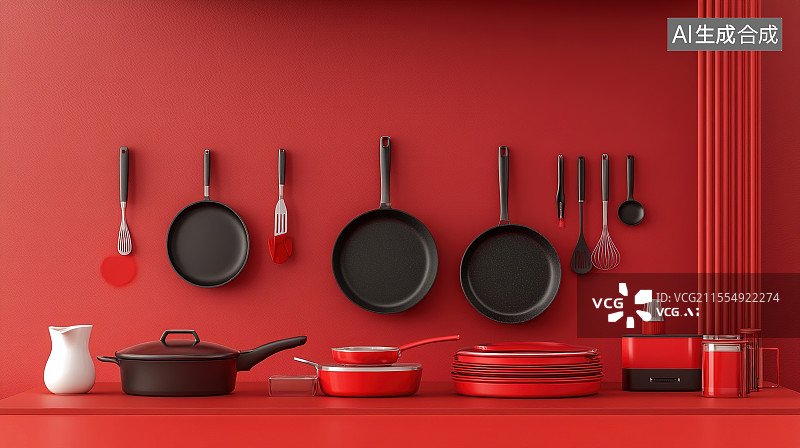 【AI数字艺术】红色风格厨具用品炒锅刀具餐具3D展台电商背景图片素材