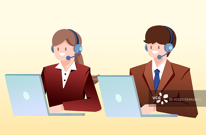 电脑前办公回复消息的人工客服男女图片素材