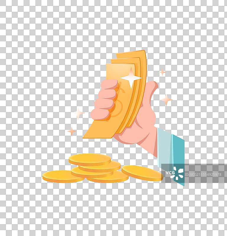 手握着一沓纸币和一堆金币插画图片素材