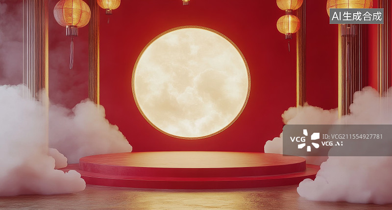 【AI数字艺术】红色国风舞台背景图片素材