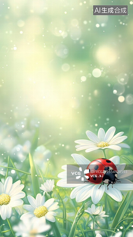 【AI数字艺术】一只红色的瓢虫停在一朵白色的花上。背景是柔和的绿色，给人一种宁静和自然的感觉。图片素材