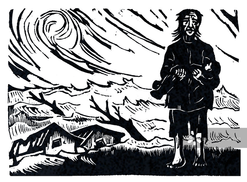 开封博物馆馆藏，近代木刻版画，托着孩子的难民图片素材