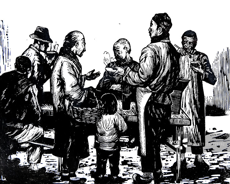 开封博物馆馆藏，近代木刻版画，街头早餐摊图片素材