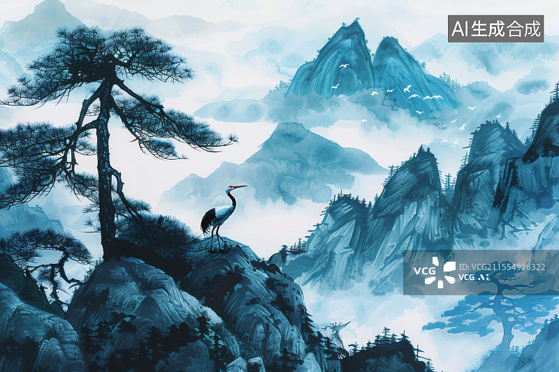 【AI数字艺术】国风，中国山水画，悬崖边的松树与仙鹤图片素材