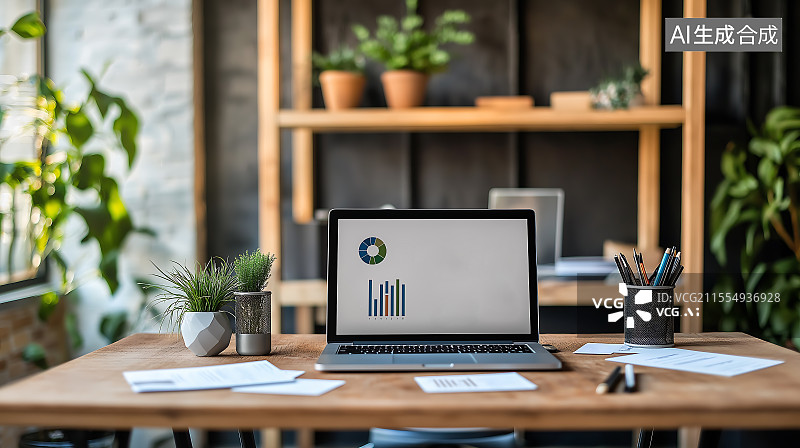 【AI数字艺术】办公室办公桌上的图表和笔记本电脑特写镜头商务办公会议内容图片素材