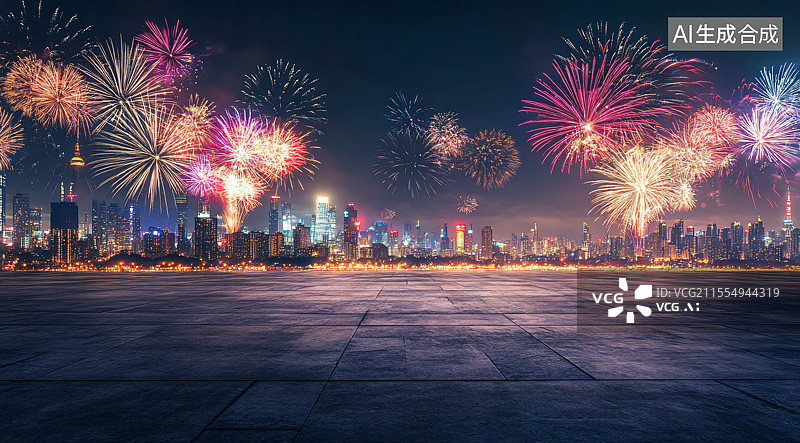 【AI数字艺术】新年烟花照亮城市CBD——繁华都市天际线上的庆典与繁荣，适合作为汽车广告背景。图片素材