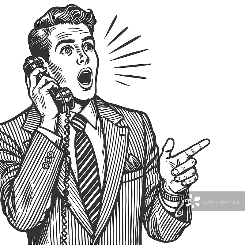 震惊的男人与复古电话的雕刻图案图片素材