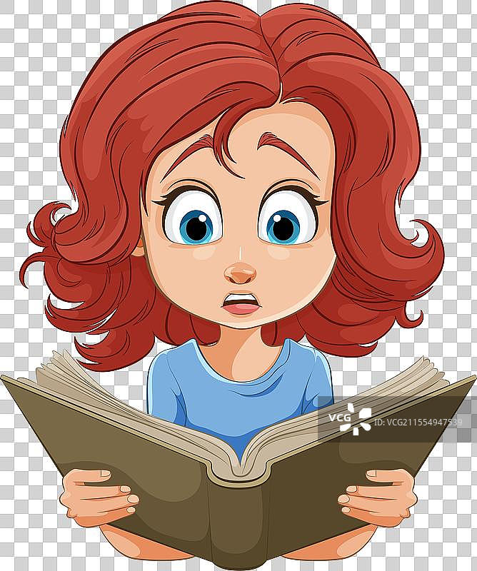 睁大眼睛阅读的女孩卡通形象图片素材