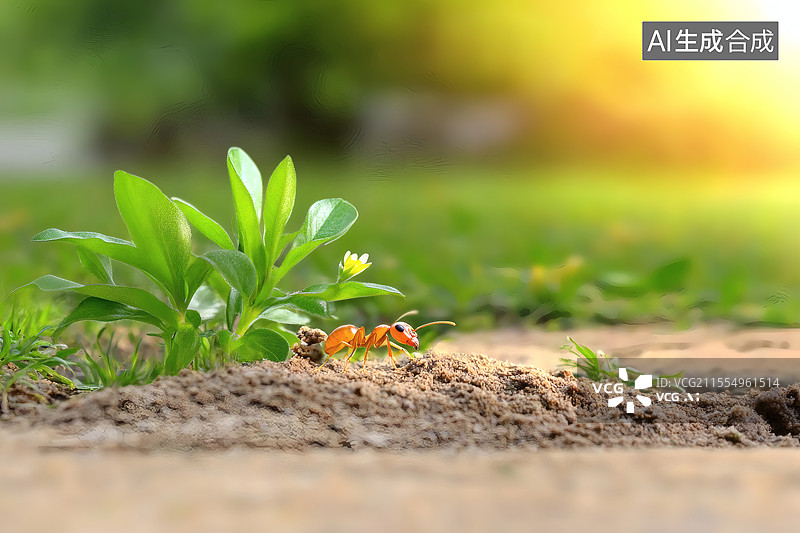 【AI数字艺术】阳光下蚂蚁于绿植旁忙碌图片素材