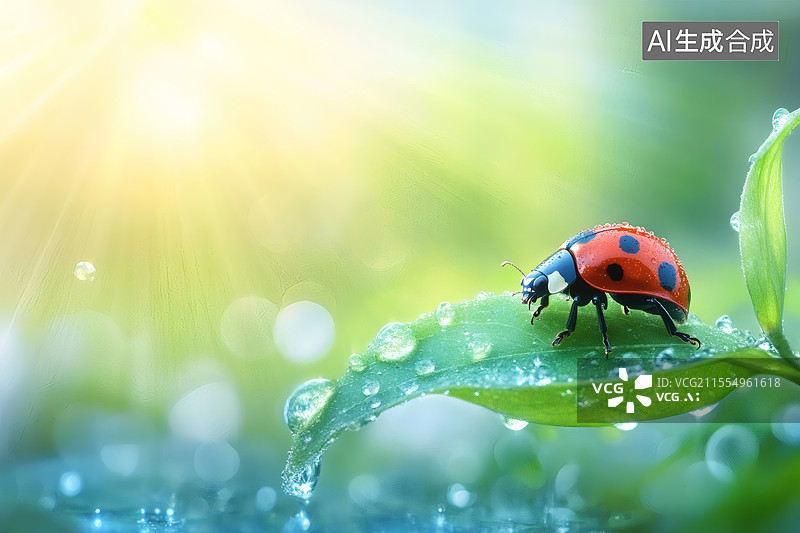 【AI数字艺术】阳光下露珠上的瓢虫图片素材