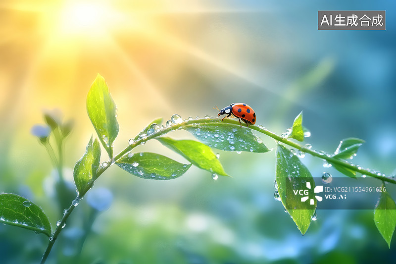 【AI数字艺术】晨光中瓢虫漫步带露绿叶图片素材