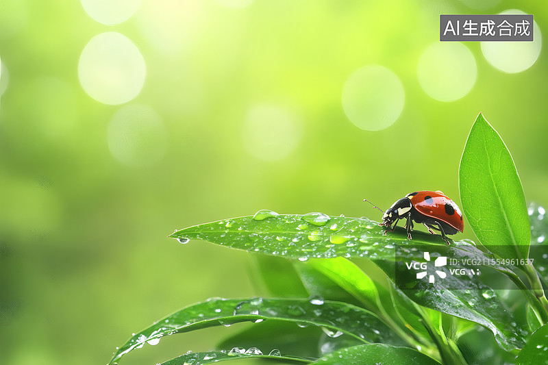 【AI数字艺术】绿叶上带水珠的红色瓢虫图片素材