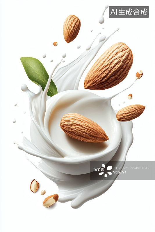 【AI数字艺术】杏仁跃入牛奶的美妙瞬间图片素材