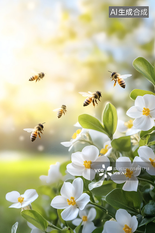 【AI数字艺术】蜜蜂花间飞舞享春光图片素材
