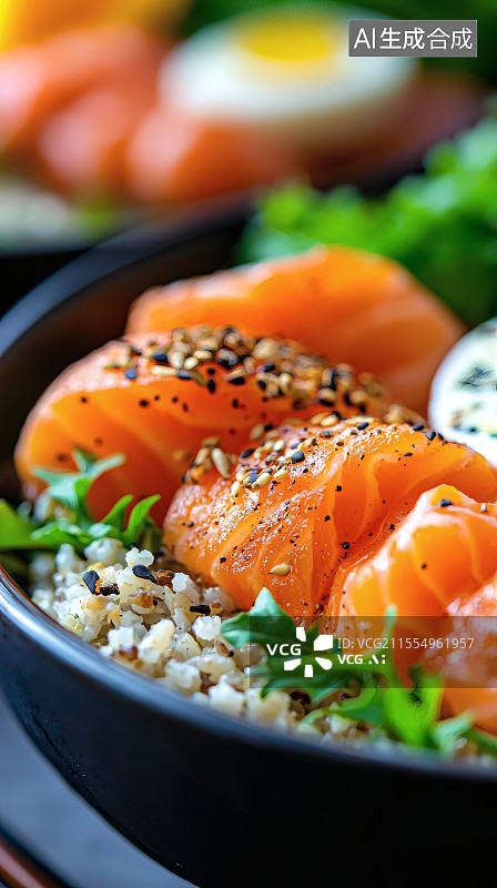 【AI数字艺术】三文鱼藜麦饭的美味诱惑图片素材