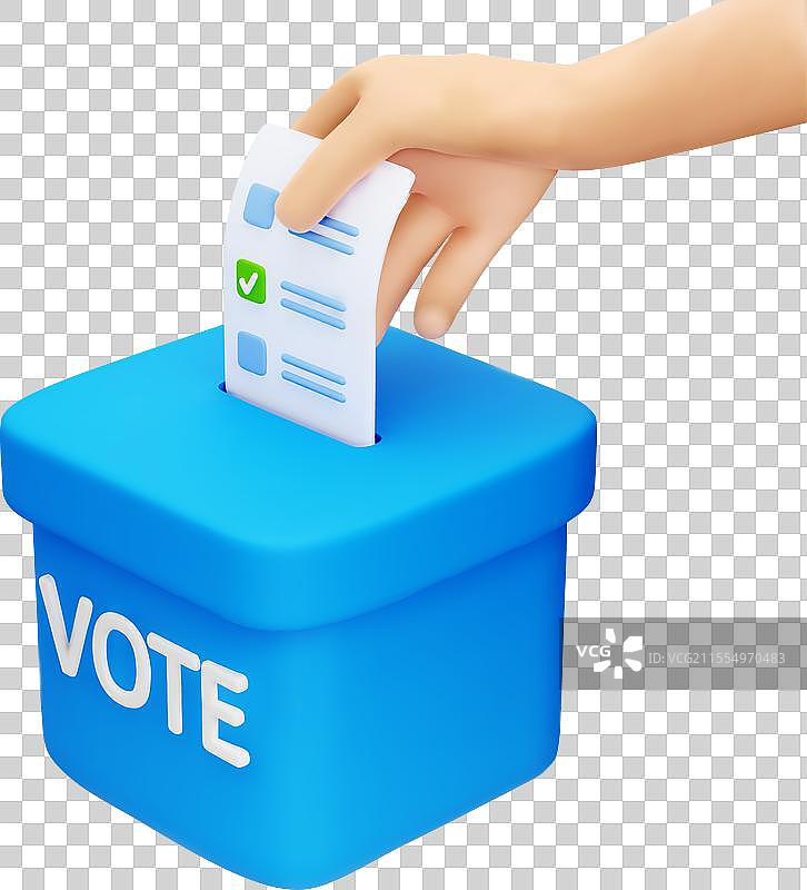 3D卡通手将选票投进蓝色投票箱图片素材