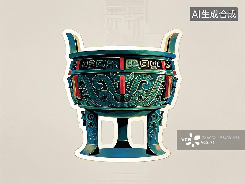 【AI数字艺术】一个青铜鼎，手绘画风格图片素材
