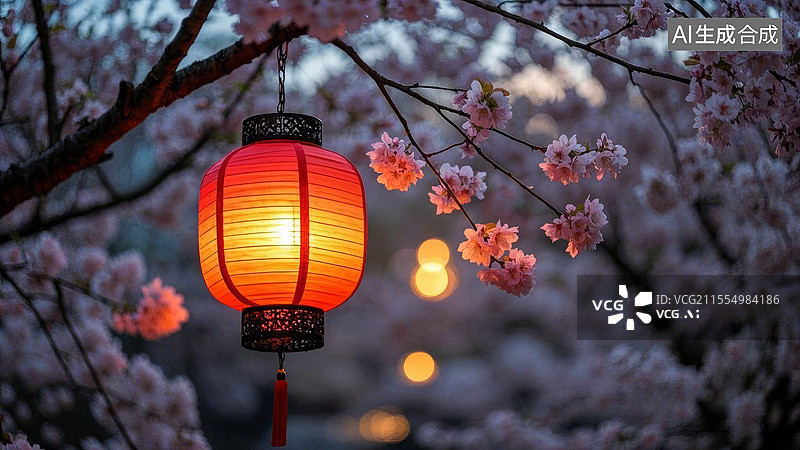 【AI数字艺术】樱花树下的红色灯笼夜景图片素材