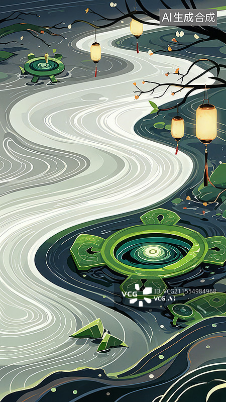 【AI数字艺术】弱水三千手绘插画：青铜器残片与符咒灯笼的神秘河流场景图片素材