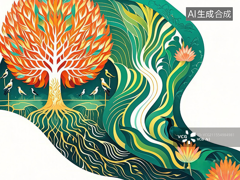 【AI数字艺术】凤栖梧桐手绘插画：火焰漩涡与鸟羽树叶的百鸟朝仪场景图片素材