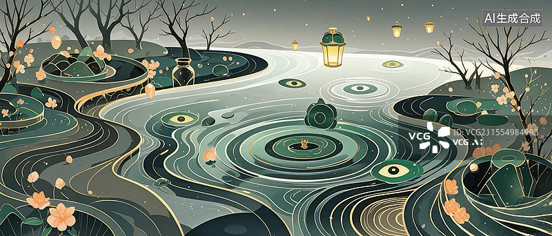 【AI数字艺术】弱水三千手绘插画：青铜器残片与符咒灯笼的神秘河流场景图片素材