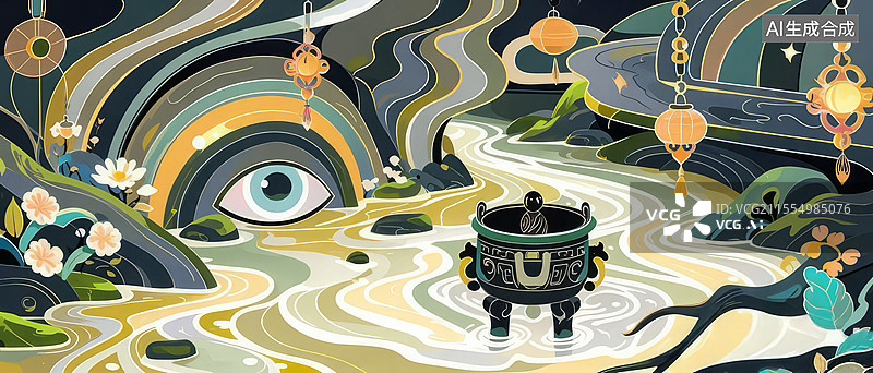 【AI数字艺术】弱水三千手绘插画：青铜器残片与符咒灯笼的神秘河流场景图片素材