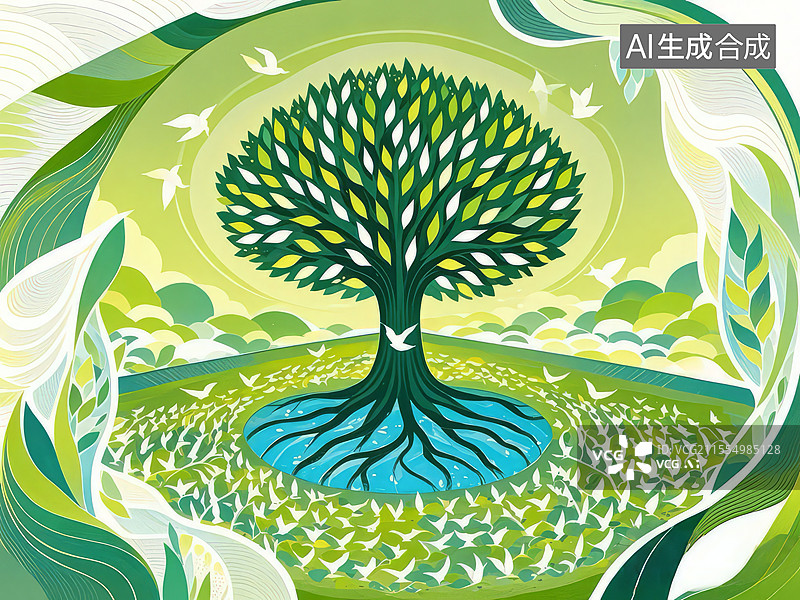 【AI数字艺术】凤栖梧桐手绘插画：火焰漩涡与鸟羽树叶的百鸟朝仪场景图片素材