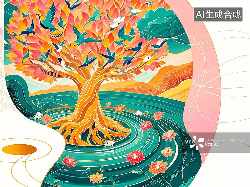 【AI数字艺术】凤栖梧桐手绘插画：火焰漩涡与鸟羽树叶的百鸟朝仪场景图片素材