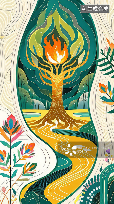【AI数字艺术】凤栖梧桐手绘插画：火焰漩涡与鸟羽树叶的百鸟朝仪场景图片素材