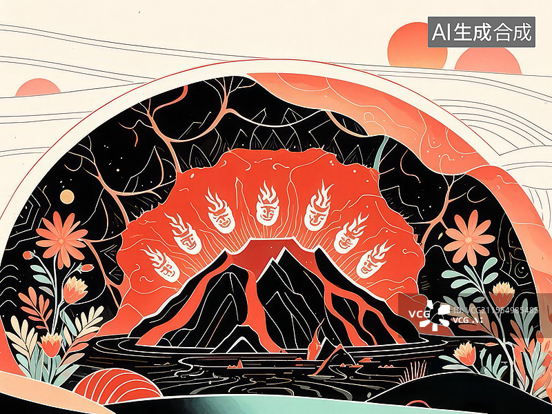 【AI数字艺术】融炎陵手绘插画：火神图腾与熔岩凝结的火山神话场景图片素材