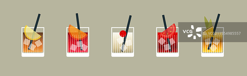五种经典鸡尾酒的多彩组合图片素材