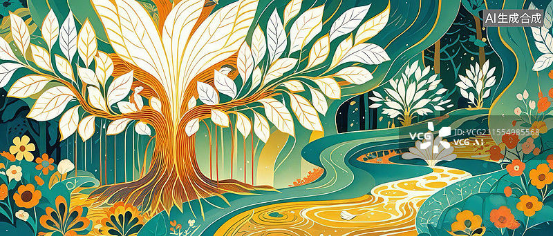 【AI数字艺术】凤栖梧桐手绘插画：火焰漩涡与鸟羽树叶的百鸟朝仪场景图片素材