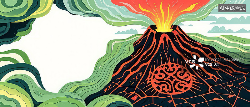 【AI数字艺术】融炎陵手绘插画：火神图腾与熔岩凝结的火山神话场景图片素材
