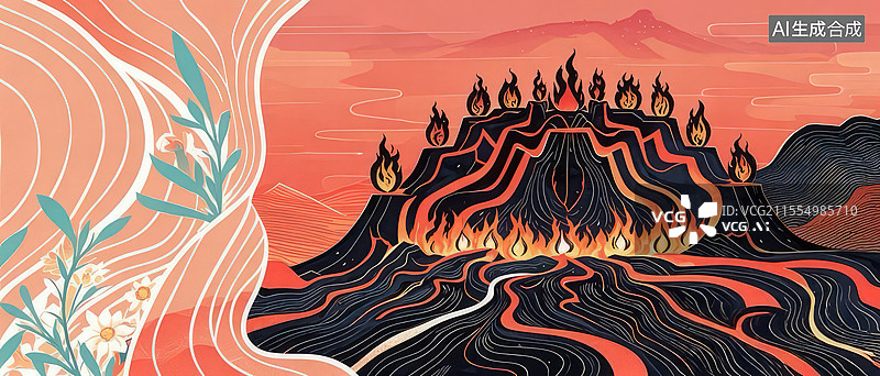 【AI数字艺术】融炎陵手绘插画：火神图腾与熔岩凝结的火山神话场景图片素材