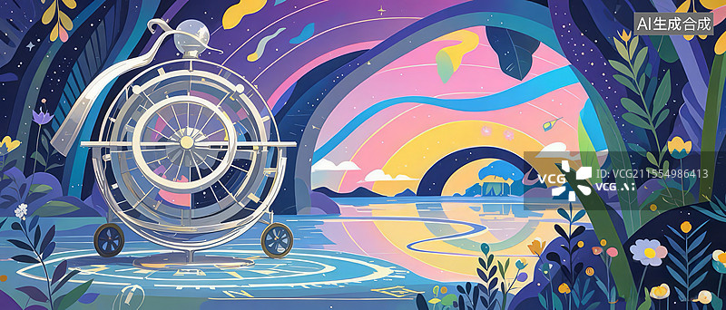 【AI数字艺术】天机轮盘手绘插画：青铜浑天仪与星图光束的宿命轨迹场景图片素材