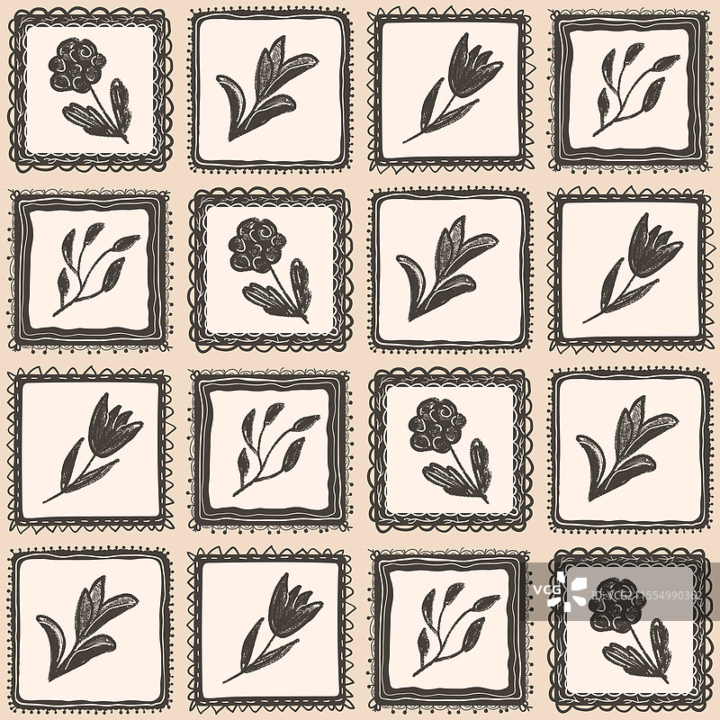 郁金香和牡丹花及叶子的无缝图案图片素材