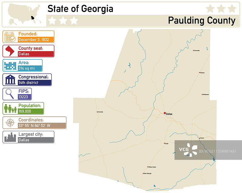 美国乔治亚州保尔丁县地图图片素材